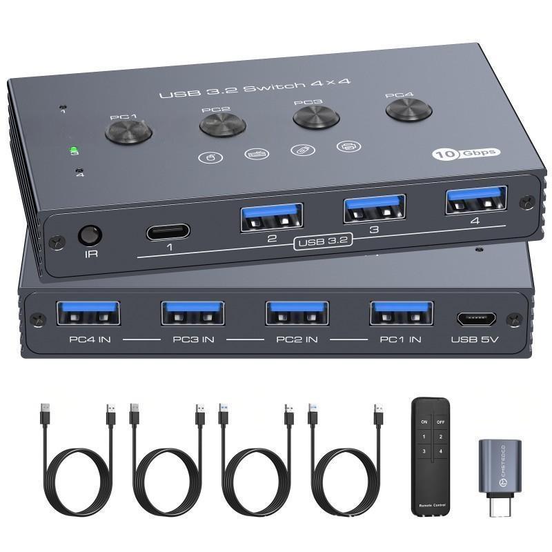 USB 3.2 Switch: 4 USB-A inputs, 3 USB 3.2 outputs, 1 USB-C output with Hub.