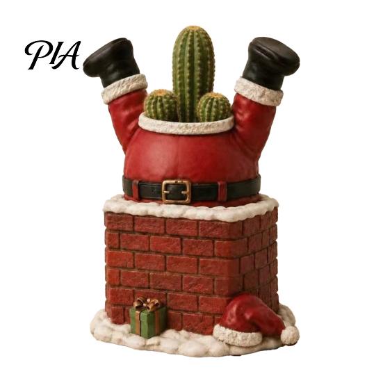 Unique Holiday Table Centerpiece Santa Claus in Smokestack Flower Pot Ornament, Resin Decorative Plant Christmas Container, Small for Tabletop Display