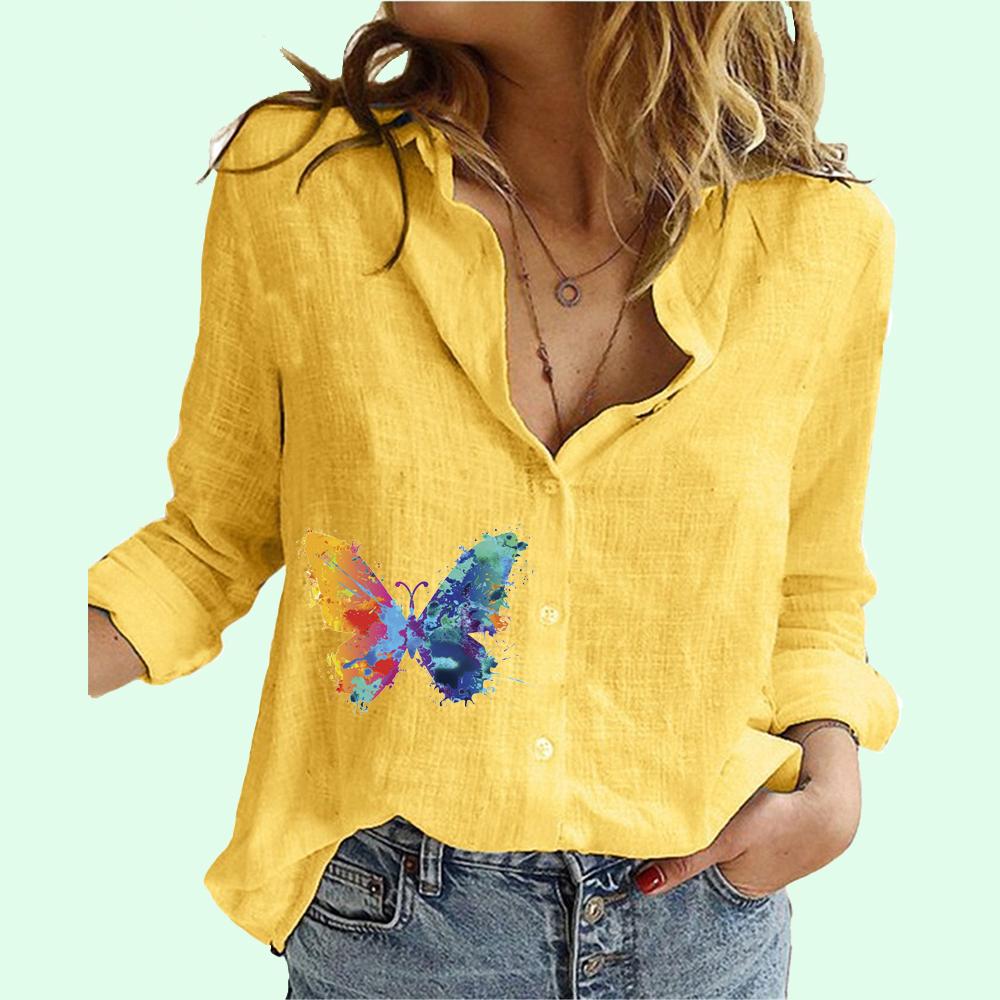 

Женская мода, хлопковый льняной топ с воротником с лацканами, летняя и осенняя повседневная футболка с длинными рукавами и принтом бабочки, женские свободные блузки на пуговицах 5XL жёлтый