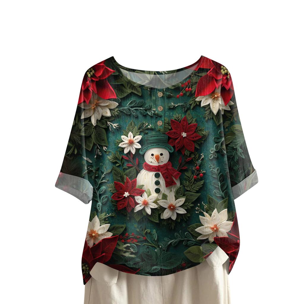 Women's Fashionable And Casual Shirt Half-sleeve Round Neck Print Cotton And Linen Blouse Top