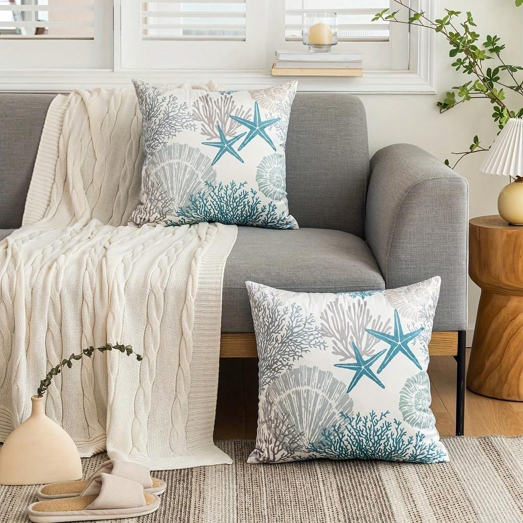 Ein Paar Strandmuschel Koralle Seestern Motiv Bedruckte Kissenbezüge Für Schlafzimmer Und Wohnzimmer Moderne Dekoration Kissenbezüge