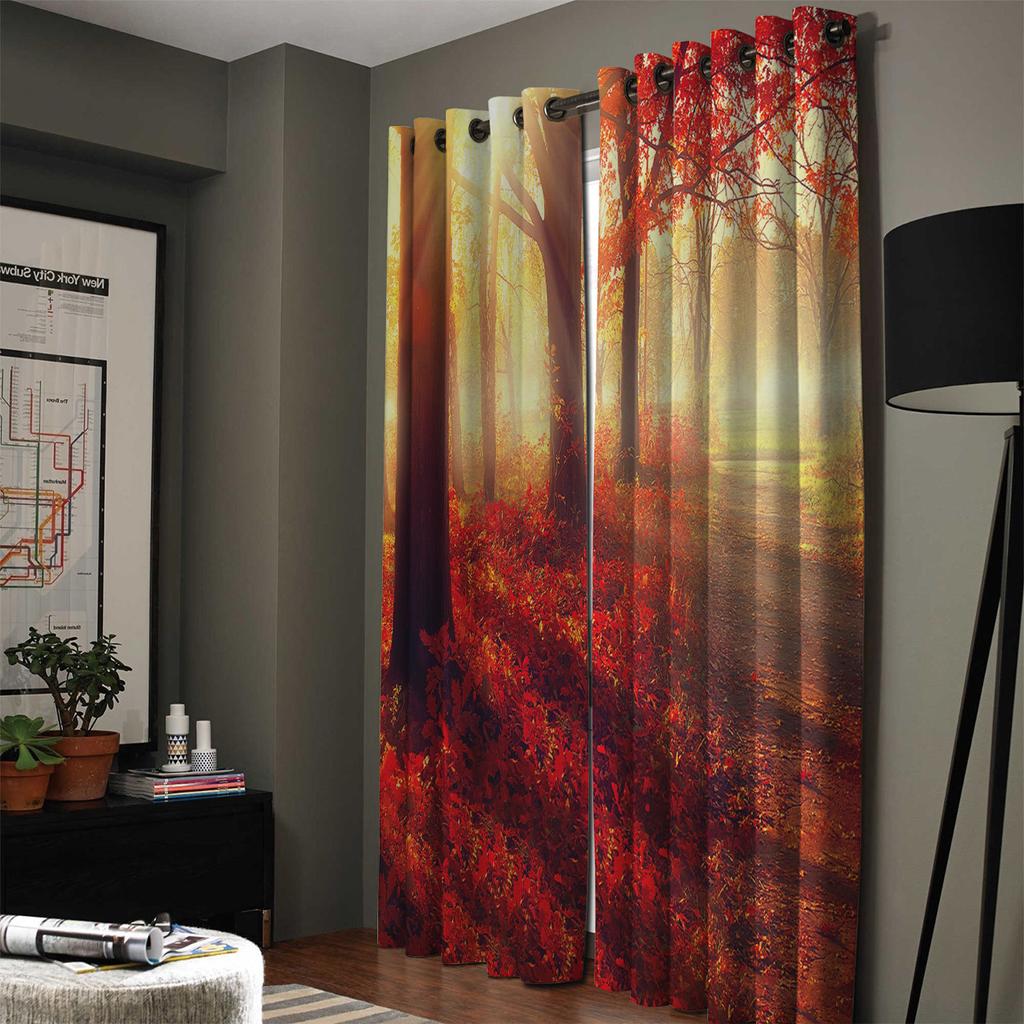 Autumn Maple Leaves Sun Golden Forest Window Curtains Scenic Curtains for Living Room Decorative Items Living Room