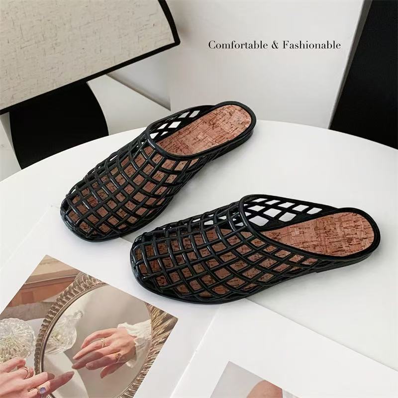 Niche Design Summer New Square Head Hollow One Pedal Flat Bottom Soft Bottom Jelly Bag Head Cool Slippers Women