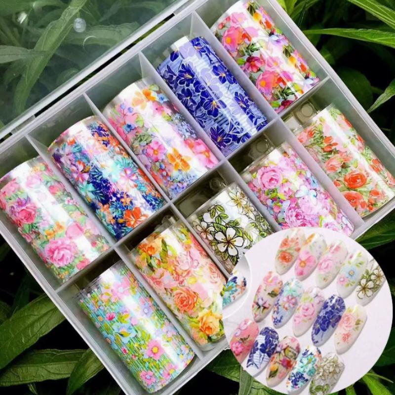 10 Rotoli Accessori Salone Unghie Carta Transfer Nail Art Floreale Primaverile Petalo e Foglia Decorazione Carina e Affascinante Antiaderente