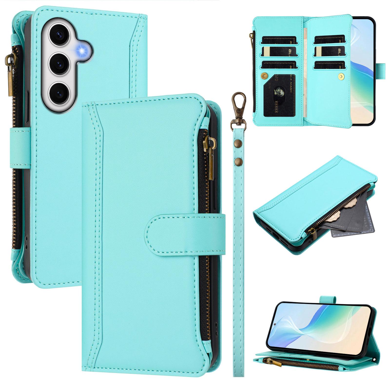 

For Samsung Galaxy S24 FE Leather Case 9 Card Slots Zipper Wallet Stand Phone Cover with Wrist Strap E