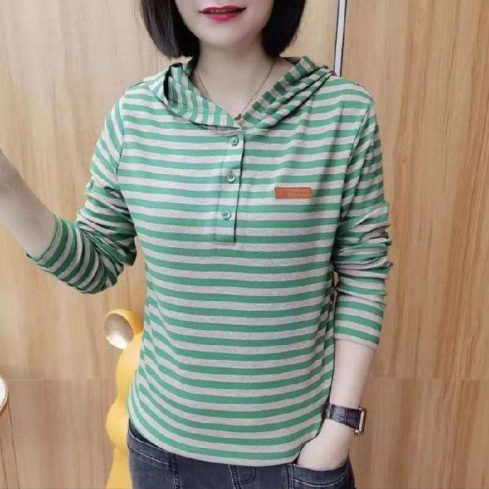 

2025 New Spring and Autumn Long Sleeve Hooded T-Shirt Women s Short Casual Versatile Cotton Striped T-Shirt Top Bottom Shirt 2XL