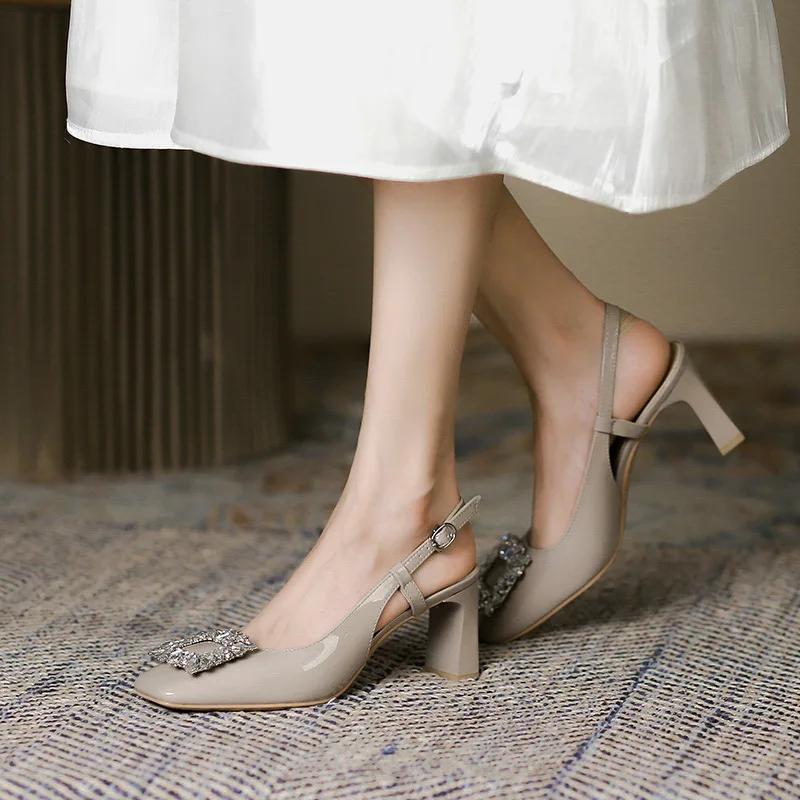 Beige Heeled Sandals Shallow Mouth Comfort Shoes for Women Square Toe 2025 Summer Mary Jane Black High Rhinestone Elastic Band