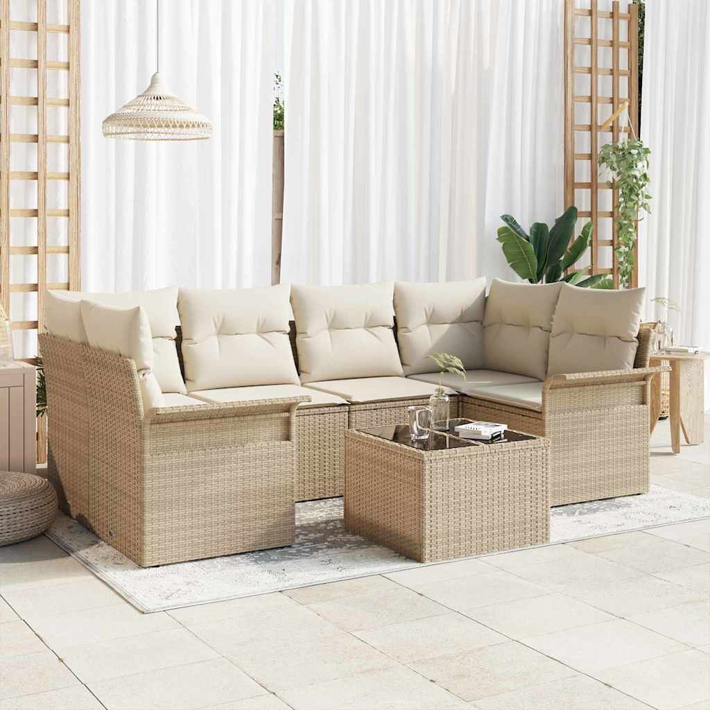 Garden Sofa Set with Cushions 7 Pcs Beige Poly Rattan
