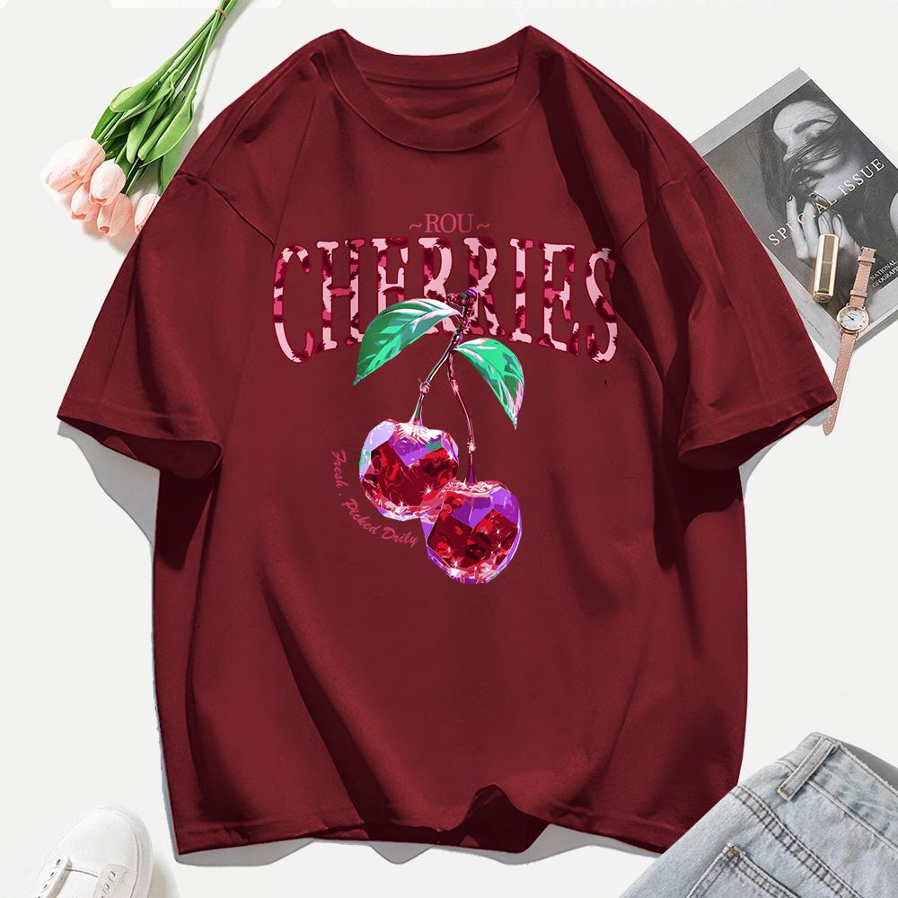 Crystal Cherries Printing Tee Shirt Woman Summer Cotton Tee Tops O-Neck Casual T Shirts Oversized All-Match Short Sleeve