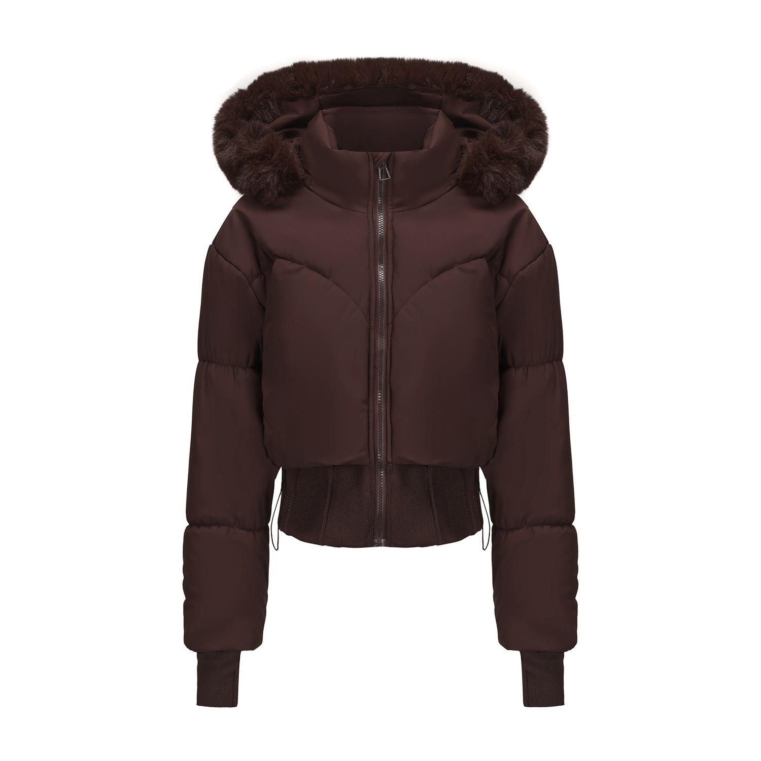 

Жіноча коротка бавовняна куртка з капюшоном Осінь-Зима Потовщене тепле бавовняне пальто з дизайном талії та великим хутряним коміром XXL коричневий