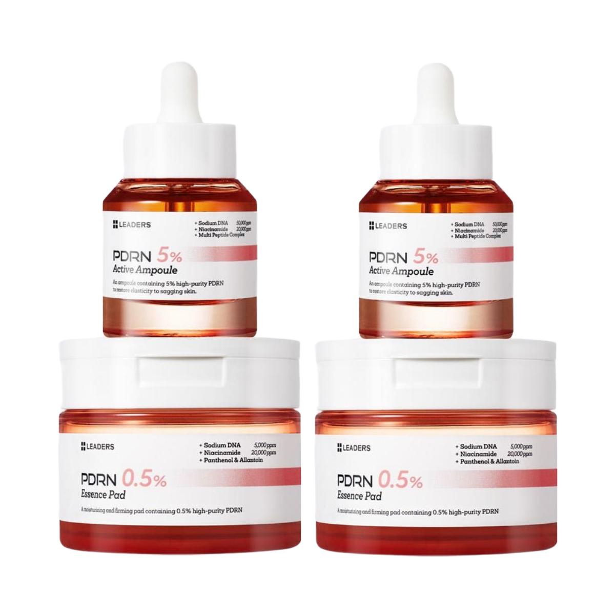 LEADERS PDRN Active Ampoule 30ml Double Pack + Essence Pad 135ml Double Pack Anti Aging Firming Skincare Set 4 items