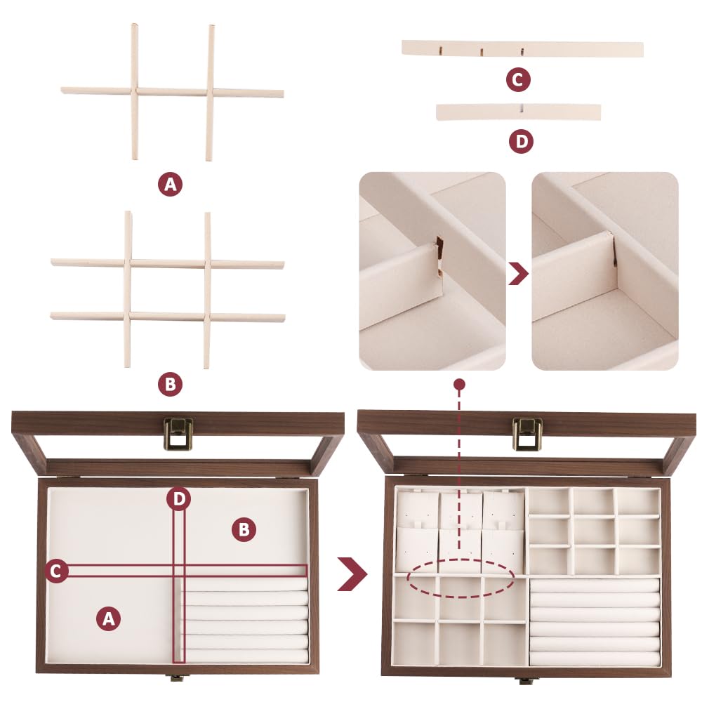 Baskiss Wooden Jewelry Storage Large Capacity Accessory for Storing Dresser Top Box, Case, Displayable, Dustproof, Necklaces, Rings, Earrings, etc.,