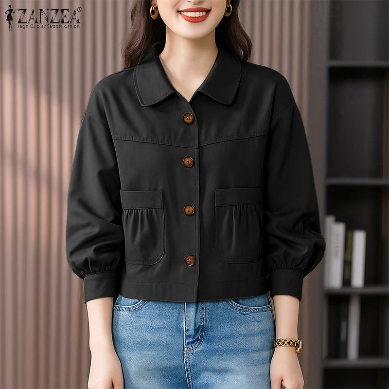 ZANZEA Women Casual Turn Down Collar Solid Color Long Sleeve Blouse