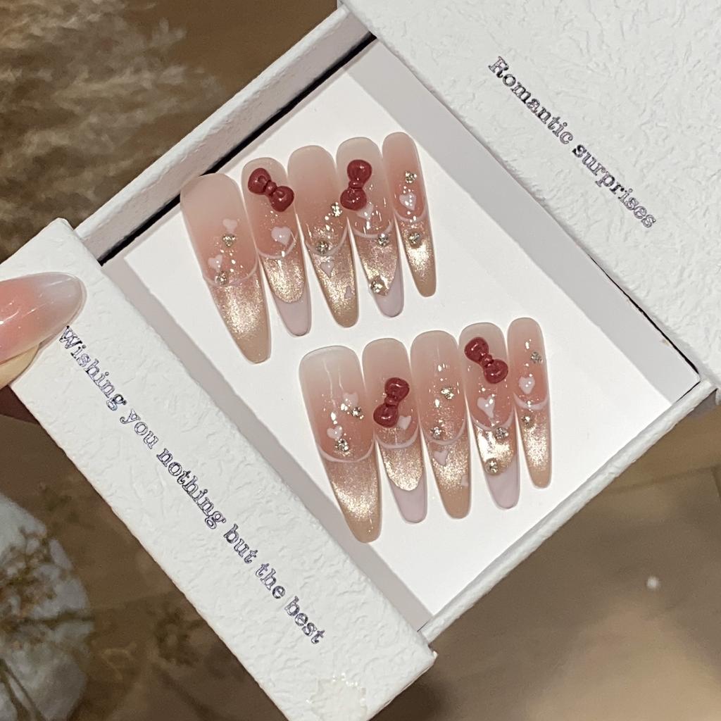 Ice-transparent Blush Champagne Color Cat Eye Gradient White French Bow Pile Diamond Love Bubble