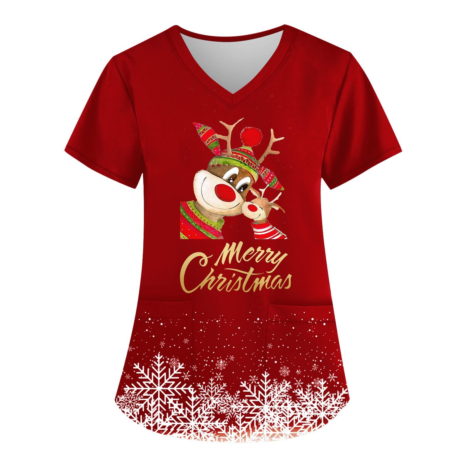 

Женская мода с v-образным вырезом, короткими рукавами и карманами, топы с рождественским принтом XXL хаки