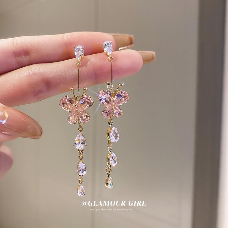 Strieborné náušnice s diamantovým motýľom a strapcami, Retro európsky a americký štýl, Luxusné a elegantné pre ženy