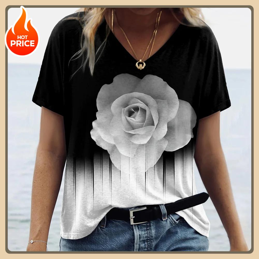 Women s T-shirt Summer Gradient Pattern Top V-neck XS