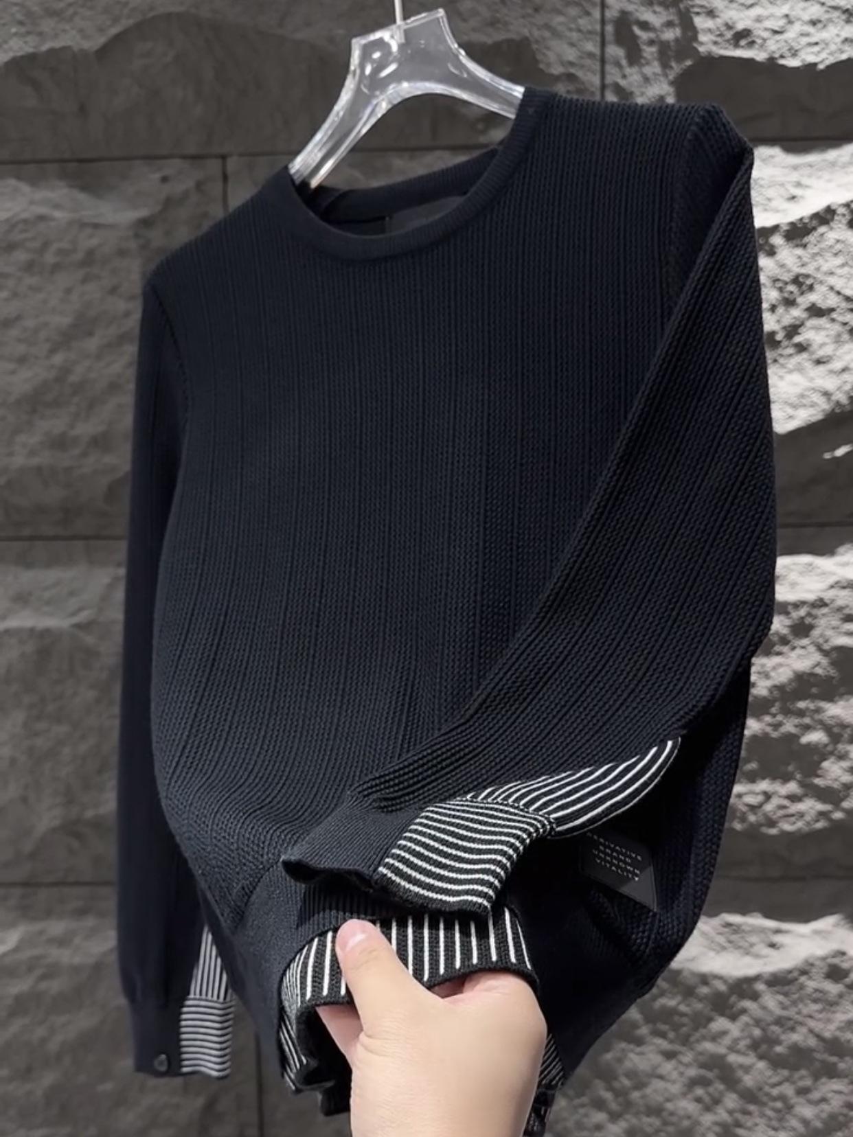 

Men s 2025 Autumn/Winter Striped Color Block Sweater - Round Neck, Fake Two-Piece Knitwear XL (Recommended for 125-140 Jin) чорний