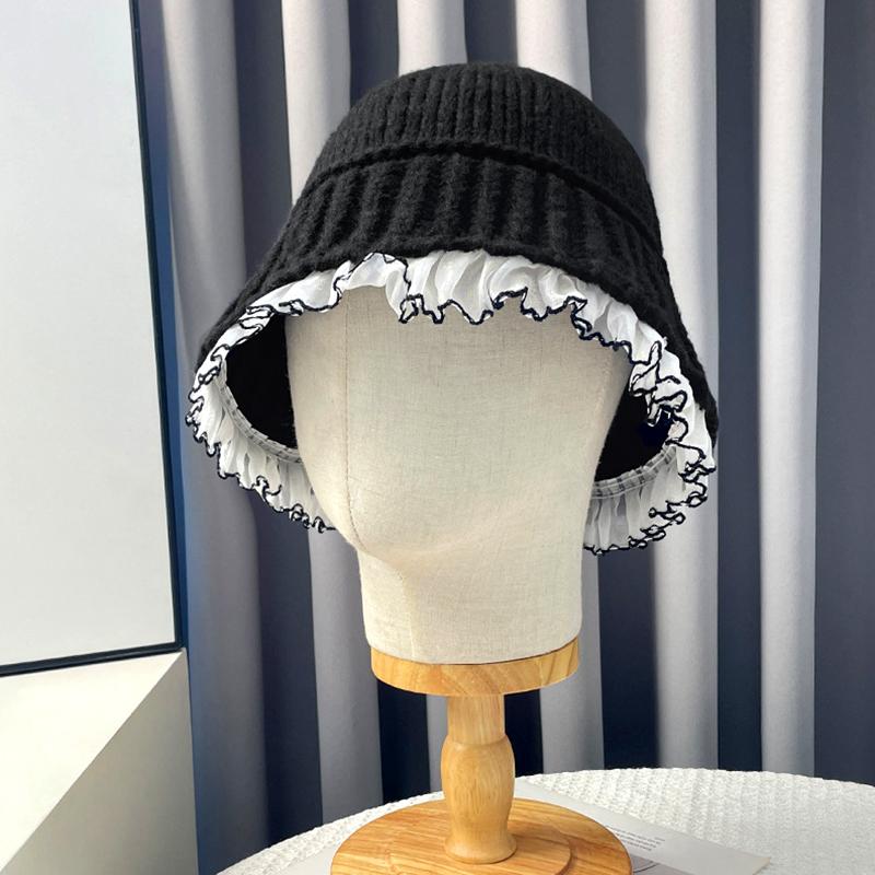 1PC Fashion Bucket Hat Keep Warm Knitted Lace Windproof Coldproof Big Brim Hat Ear Protection