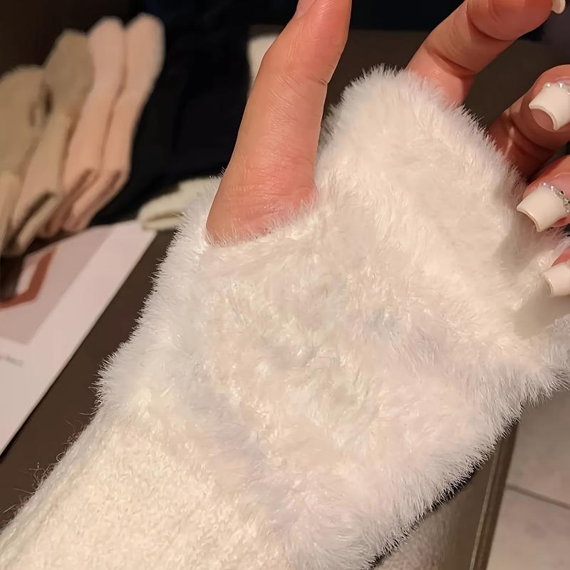 Soft & Warm Fingerless Gloves - Stylish Elegant Plush Splicing Knit Gloves for Autumn Winter with Coldproof Elastic Wrist Cover