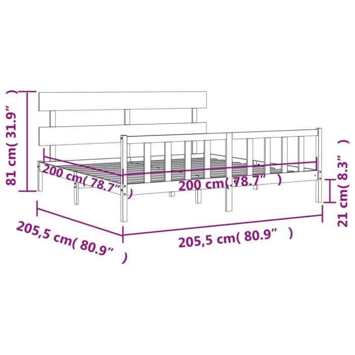 VidaXL Cadre de lit avec tête de lit 200x200 cm bois massif 3193291