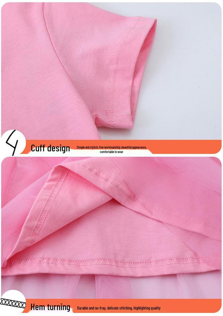 Vestito Estivo a Maniche Corte con Gonna in Rete e Ricamo di Coniglio Bianco per Bambine