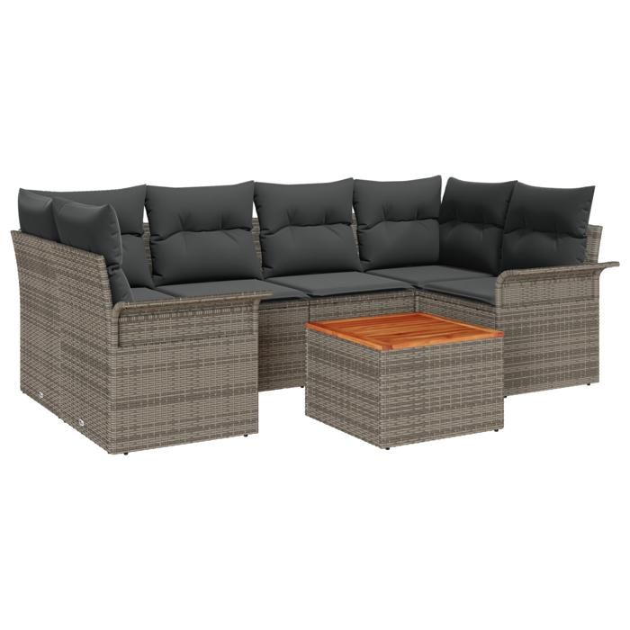 Ensemble de Canapé de Jardin 7 pièces vidaXL avec Coussins Gris Poly Rattan Acacia, Canapé de Jardin 2 places vidaXL 3355948