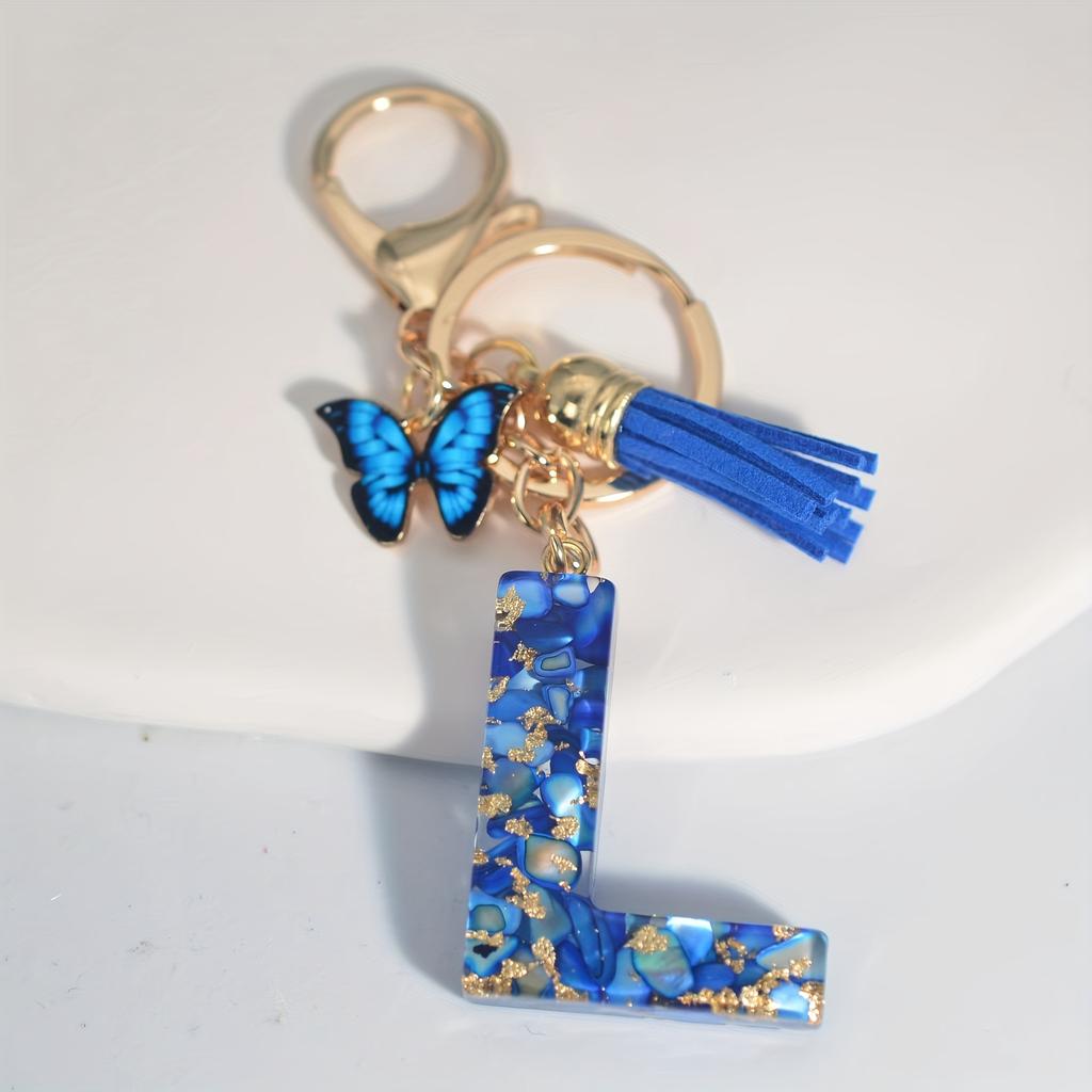1pc Custom Blue Alphabet Letter Keychain with Butterfly Pendant Resin Ladies Key Ring with Tassel - Elegant Accessory for Bags Backpacks
