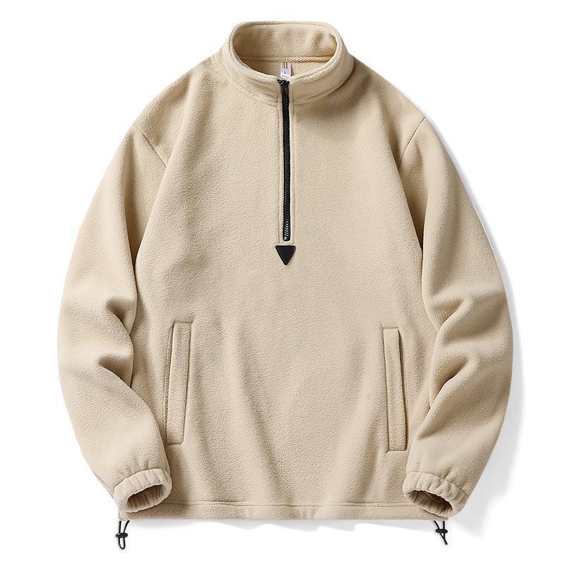 Men's High Collar Plush Fleece Hoodie - Solid Color Zipper Jacket for Spring 2025