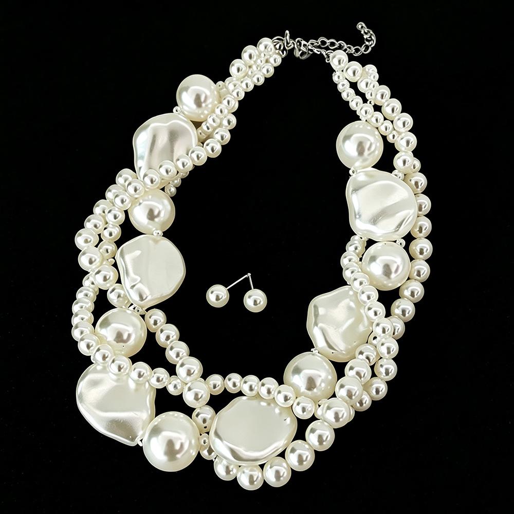 European-American Geometric Necklace & Earring Set - French Retro Style with Pearls for Formal Wear