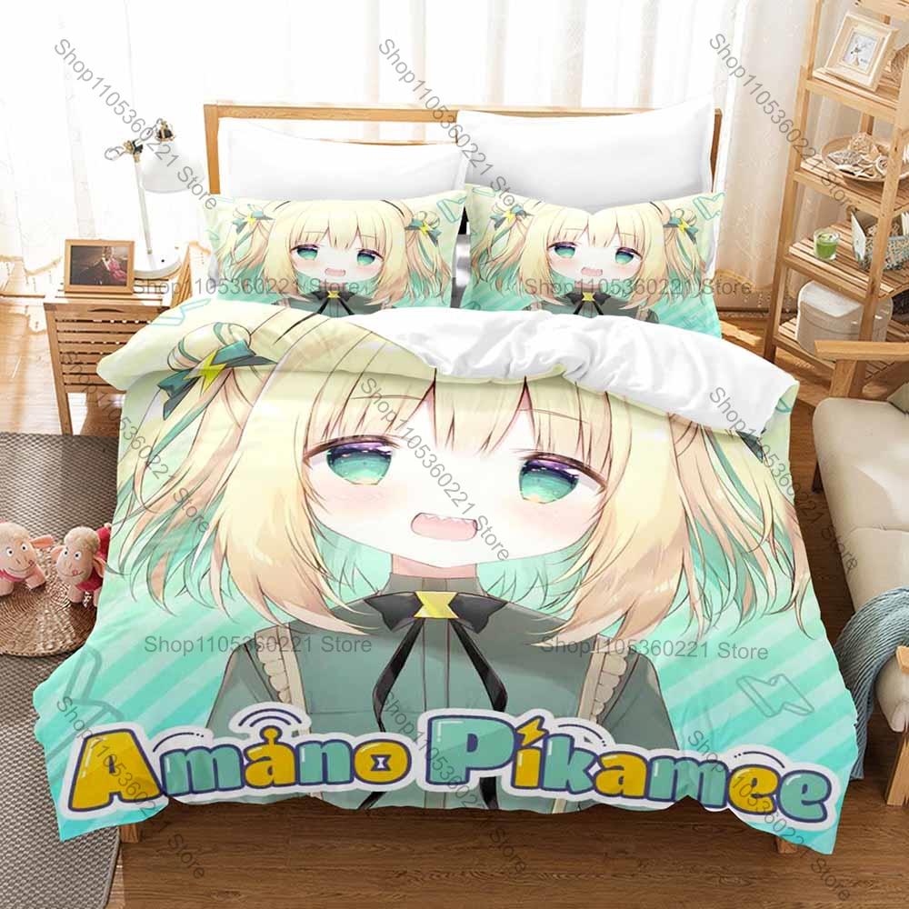 Cool Pikamee Amano Duvet Cover + 2 Pillowcases, VTuber Anime Print Bedding Set Soft Bed Linen for Fans Bedroom Decor