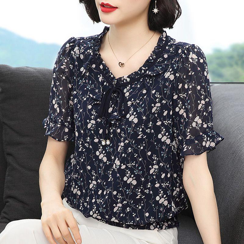 New All Match Elegant Chiffon Belly Cover Chiffon Shirt Summer New Floral Short Sleeved Korean Fashion Round Neck Popularity Top