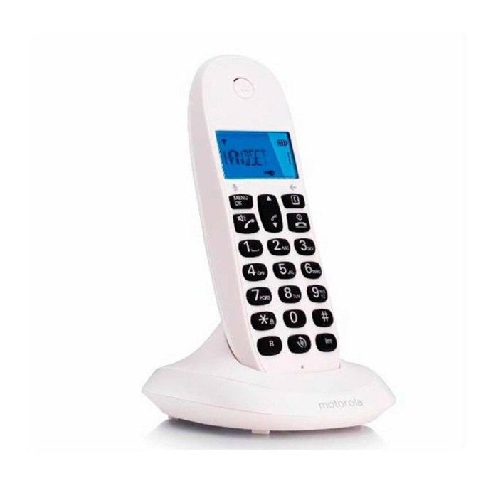 Bezdrátový telefon Motorola C1001CB+ bílý s modře podsvíceným displejem, funkcí handsfree, telefonním seznamem pro 50 kontaktů, ovládáním