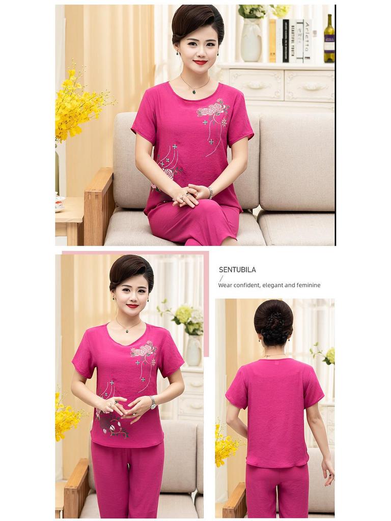 Women's Summer Cotton & Linen Pajama Set – Short-Sleeved Two-Piece for Middle-Aged & Elderly, Suitable for Indoor & Outdoor Wear.