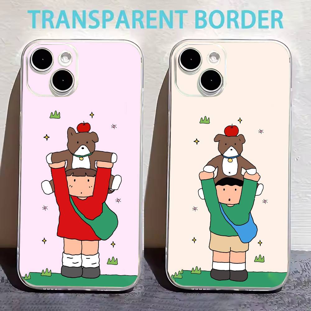 Cute Cartoon Couple Phone Case For iPhone17,16,15,14,13,12,11 Plus,Pro Max Soft Transparent Cover
