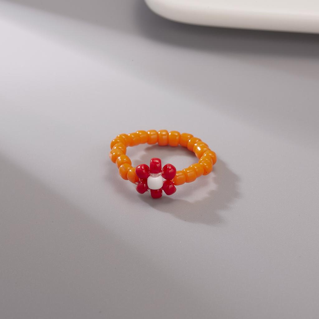 Cute Colorful Flower Finger Ring Rice Beads Elastic Chain Beaded Ring For Women Girls Charm Temperament Jewelry Gift Adjustable