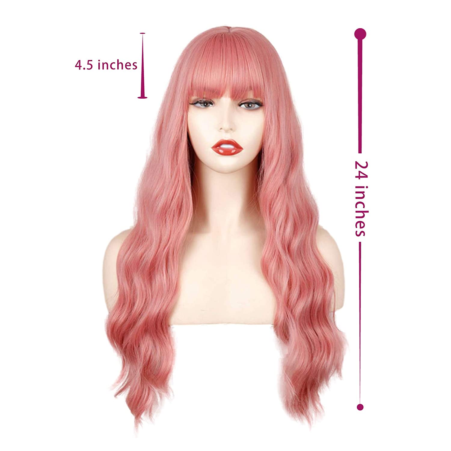 

Длинный темно-розовый волнистый пушистый парик MERISIHAIR с челкой, длинный синтетический парик пастельно-розового цвета для женщин, термостойкий парик для вечеринок (розовый)