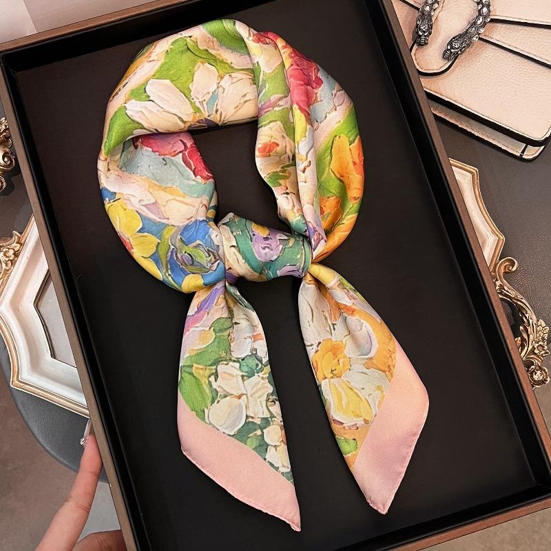 Vintage French Style Oil Painting Flower Silk Scarf Elegant Women Neck Scarf