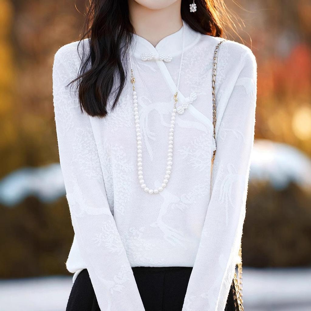 Chinese-style Knitted Sweater, Women's Button-up Floral Jacquard Stand-up Collar Spring Retro Base Layer