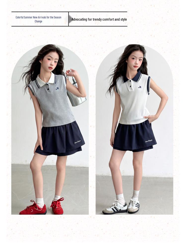 Girls' 2026 Sleeveless Polo Shirt & Sports Skirt Shorts Two-Piece Summer Set