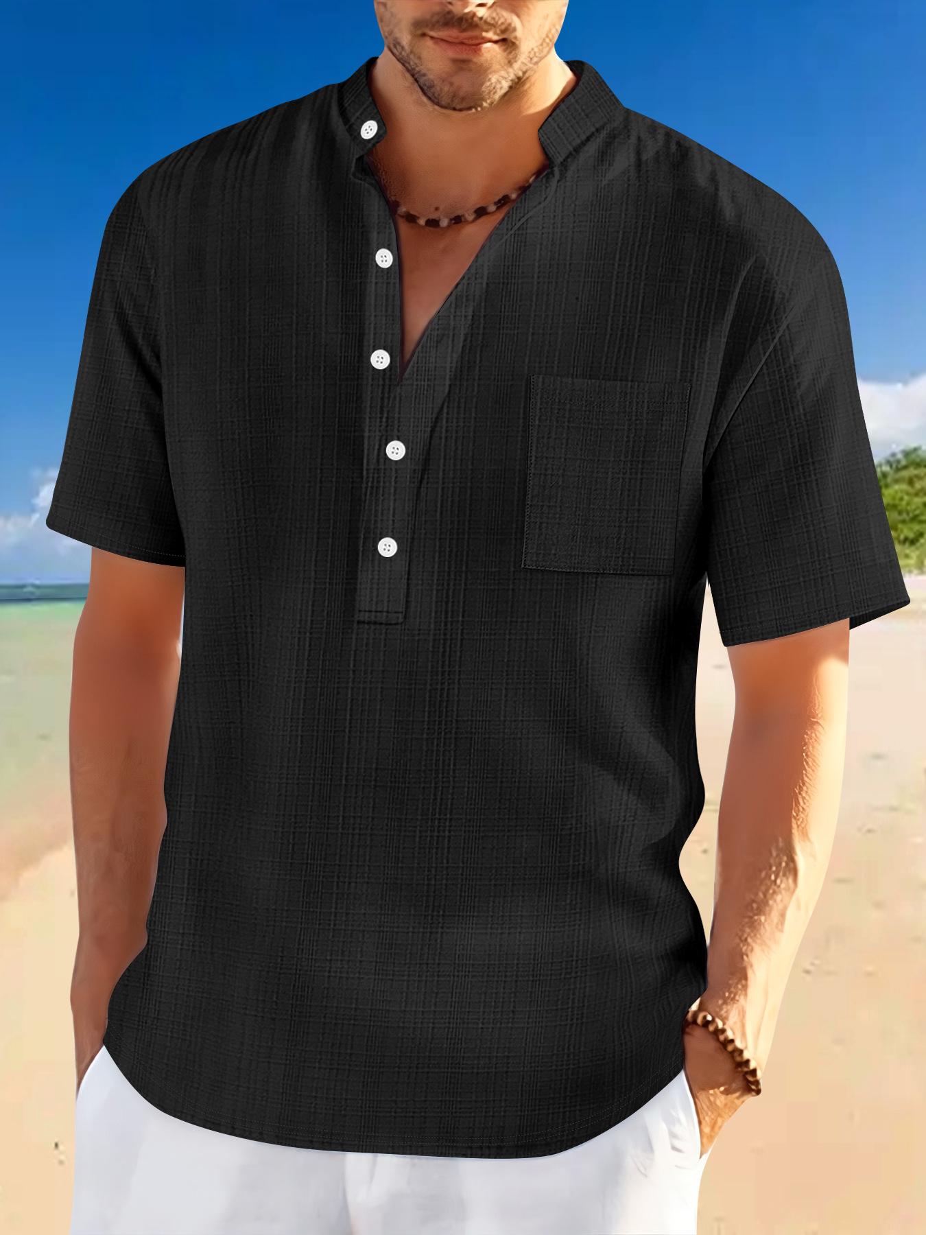 2026 Spring/Summer Men s Stand-Up Collar Short-Sleeve Henley Shirt - Loose Casual Vacation Style S чёрный