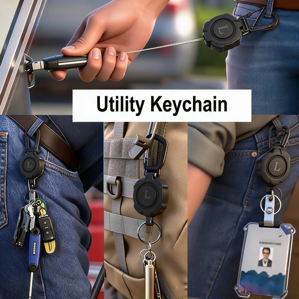 Liangery Reel Stretchable Keychain with Metal Fittings and Carabiner for 2026 300g Stretchable Load Key Metal 80cm Reel Key Loss Ultra Black Keychain,