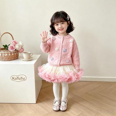 Girls' Spring & Autumn Lace Cardigan and Mesh Skirt Set