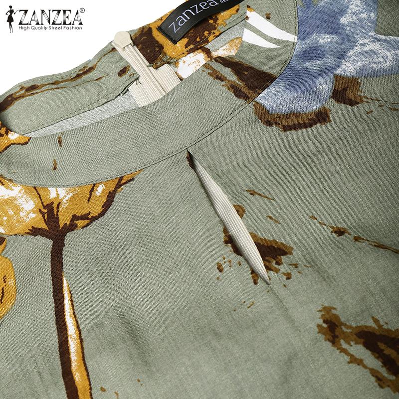 ZANZEA Damen Lässig Rundhals Rüschen Kurzarm Sommer Druckkleid