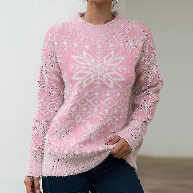Weihnachtspullover Damen Weihnachtsschneeflocke Warmer Pullover Gestrickter Rundhals-Pullover