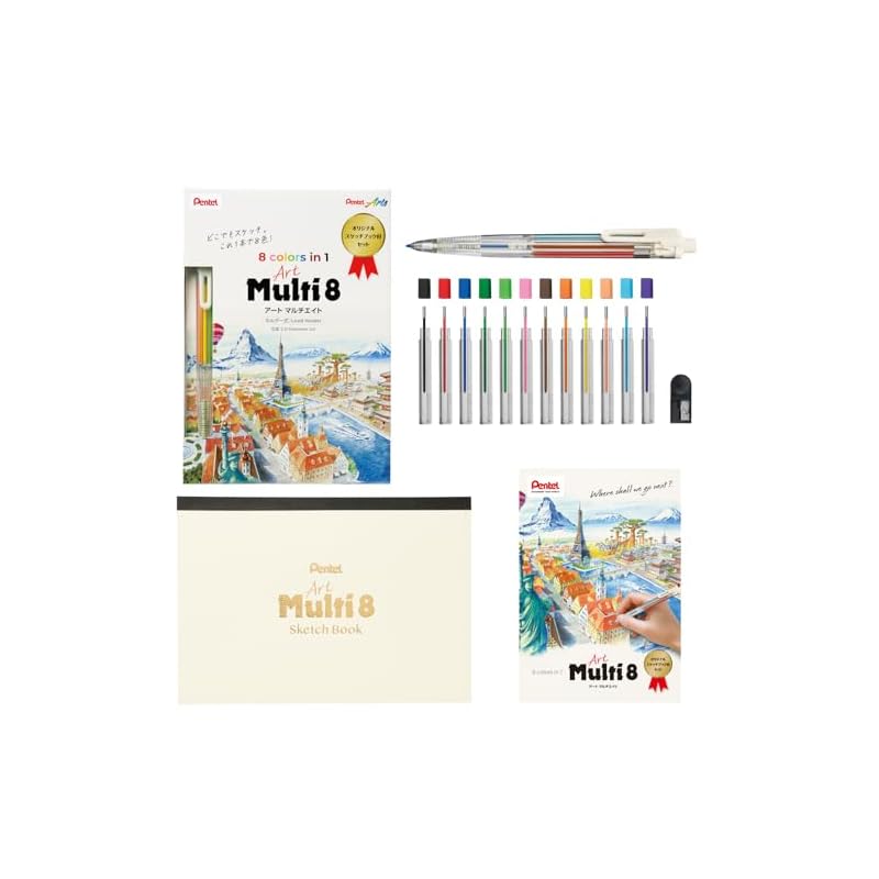 Pentel Art Multi 8 Mechanical Pencil with 8 Colored Leads, Refill Set Included, Limited Edition Original Sketchbook Included (XH804STSB)