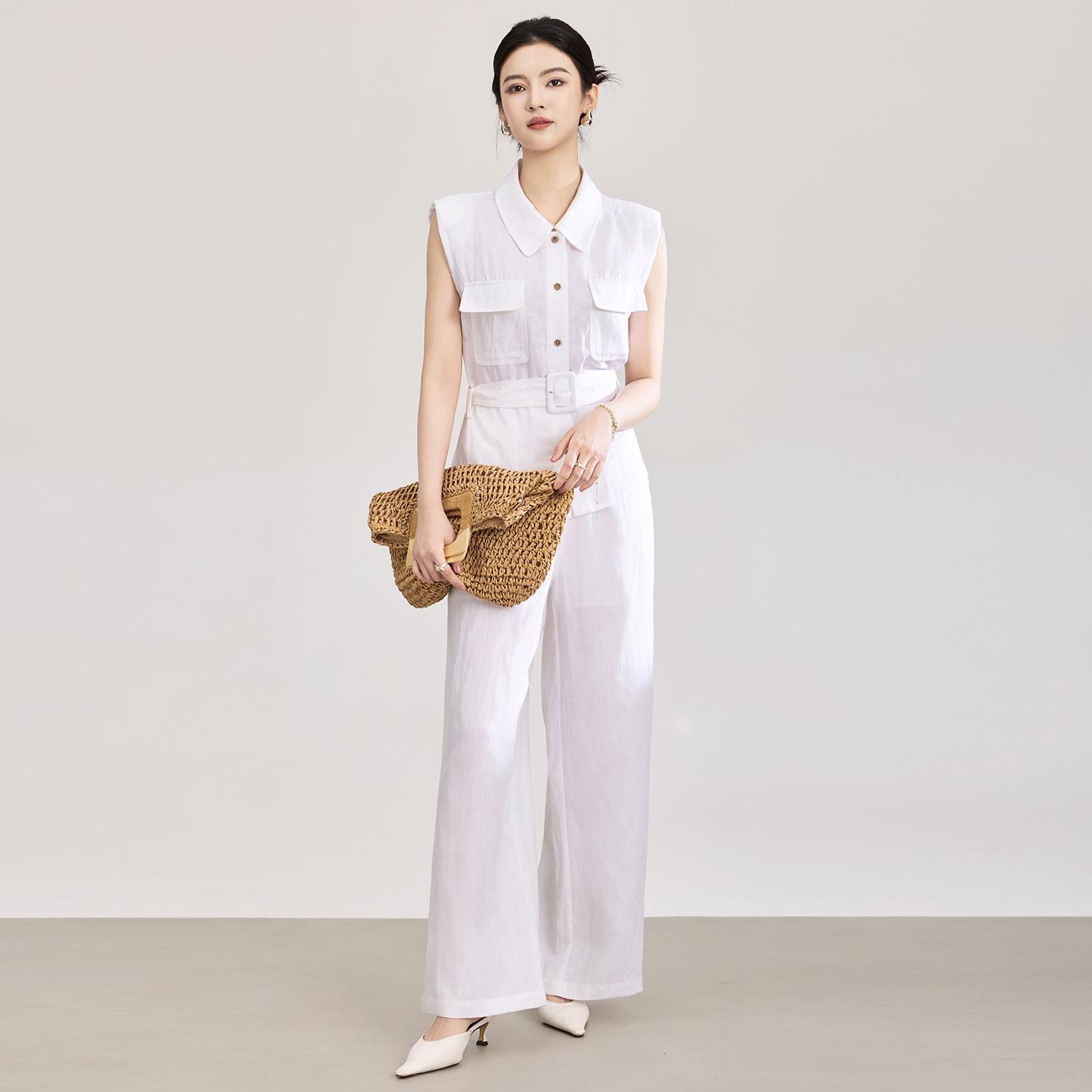 Women s Summer Tencel Linen Belted Sleeveless Shirt & High-Waist Wide-Leg Pants Set XXL
