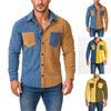 Men's Casual Fashion Trend Long-sleeved Patchwork Color-blocking Top, Men's Corduroy Lapel Button Shirt
