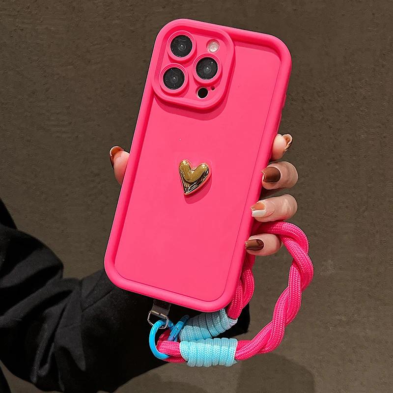 

3D Золотое Сердце Мягкий Шнурок Веревочка Чехол для Телефона Для iPhone 17 16 15 14 13 12 11 Pro Max X XS XR 7 8 Plus Ручной Ремешок Ударопрочный Чехол For iPhone 14 Plus