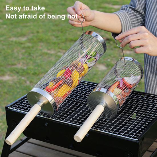 Stainless Steel BBQ Grill Basket with Wooden Handle Rolling Cage for Even Cooking Vegetables Seafood Meat Camping Barbecue Tool